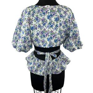 TALULAH Misty Blue Floral Peplum Back Cut Out Top Short Puff Sleeves Blouse M